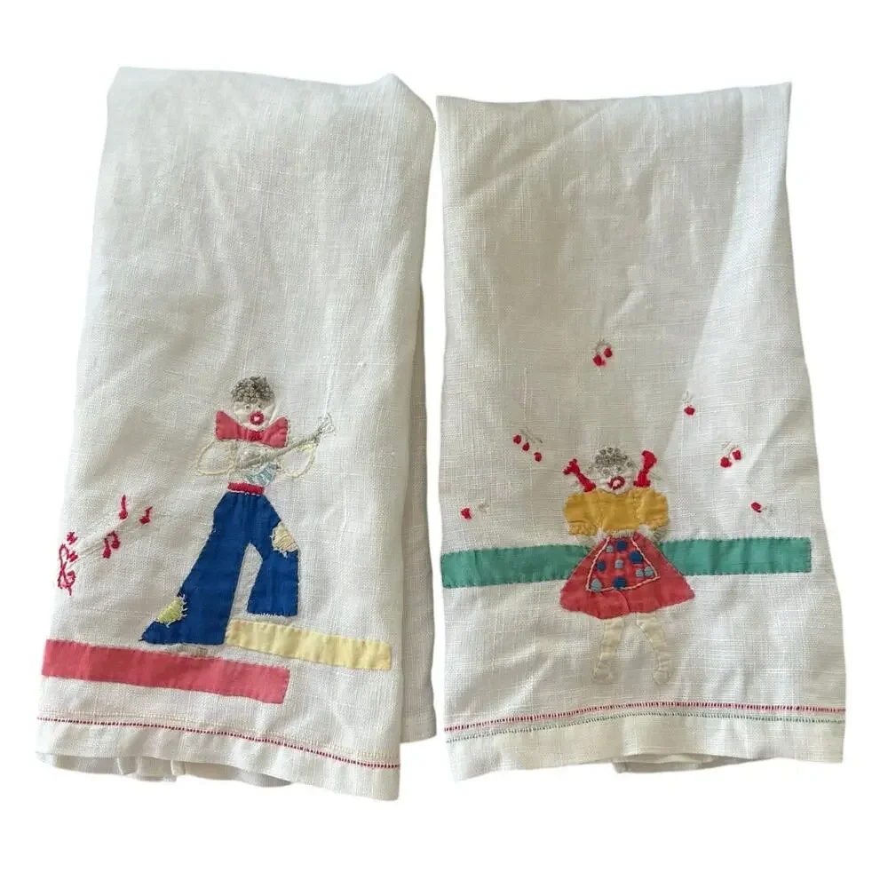 Vintage Handmade Primitive Country Shabby Chic Cross Stitch White Hand Towels